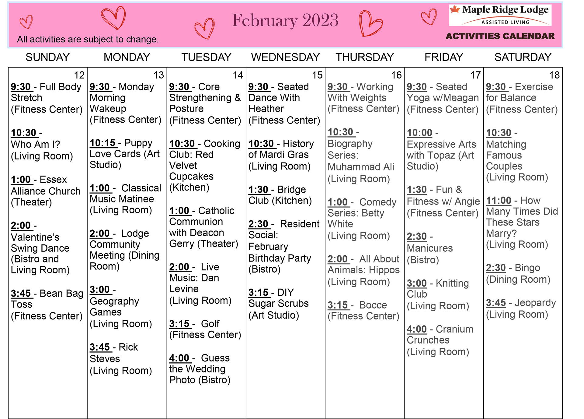 Assisted Living Activities Calendar February 2023