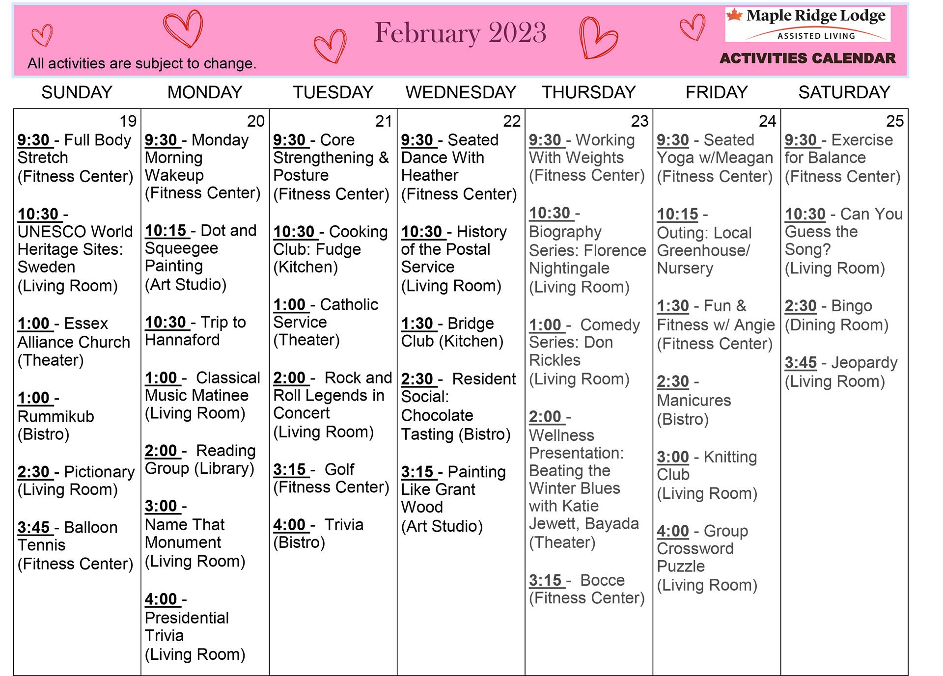 Assisted Living Activities Calendar February 2023