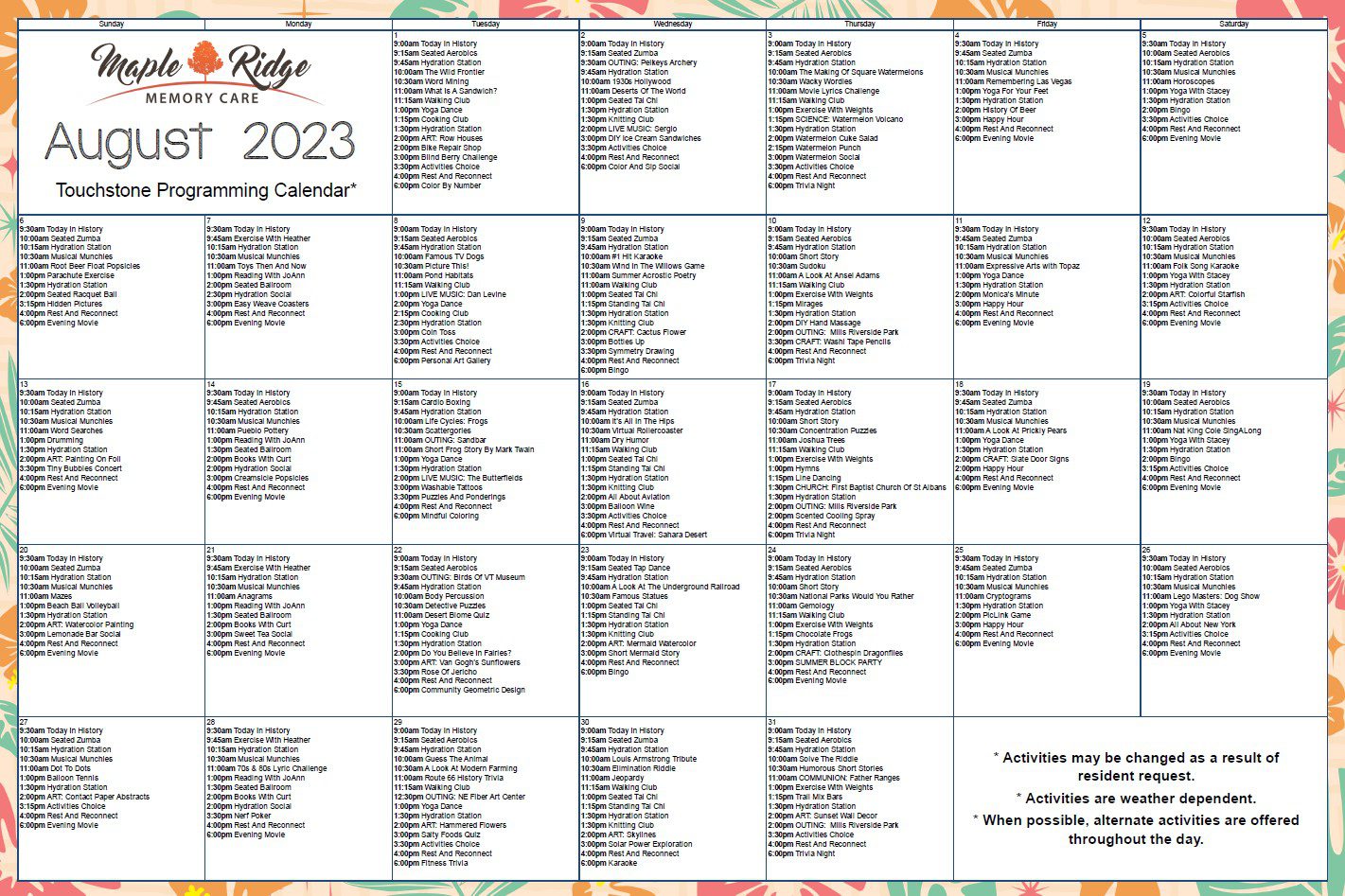 Program Calendar Maple Ridge Memory Care_August 2023