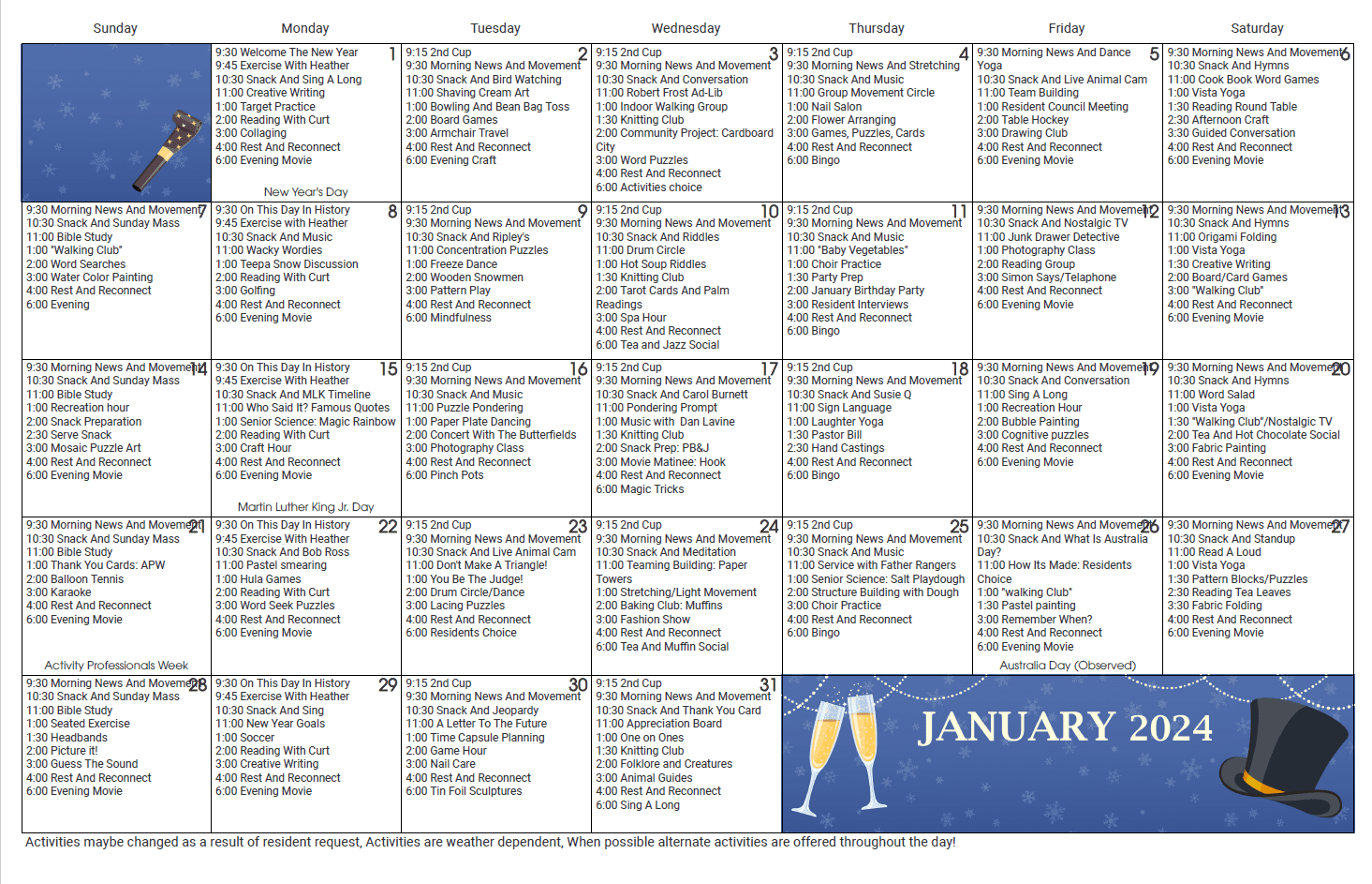 Activities Calendar 