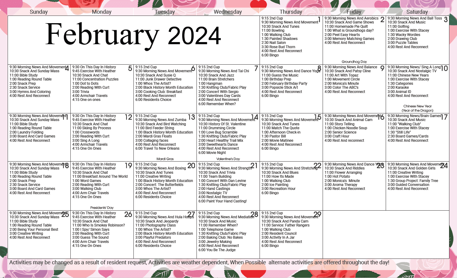 February 2024 Activites Calendar - Memory Care