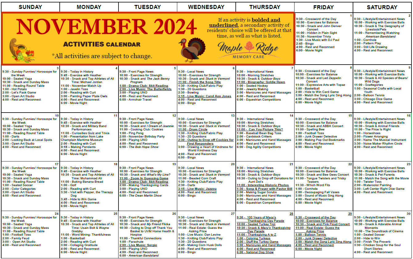 November 2024 Activity Calendar - Memory Care