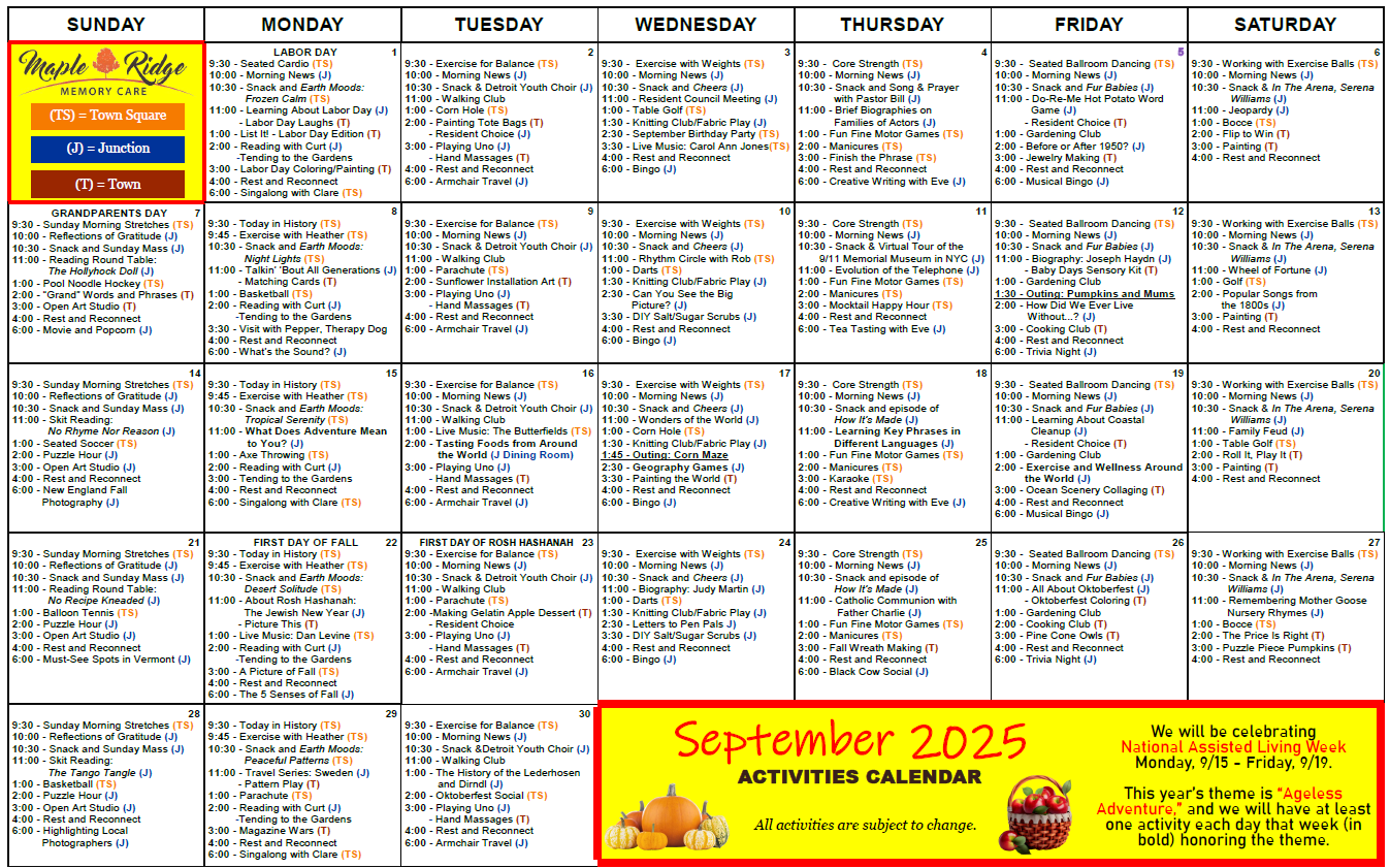 September 2025 Activity Calendar - Memory Care