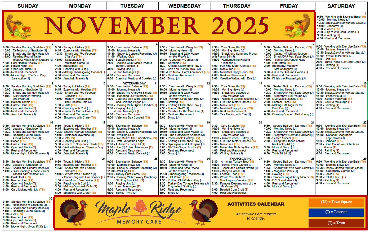 November 2025 Activity Calendar - Memory Care